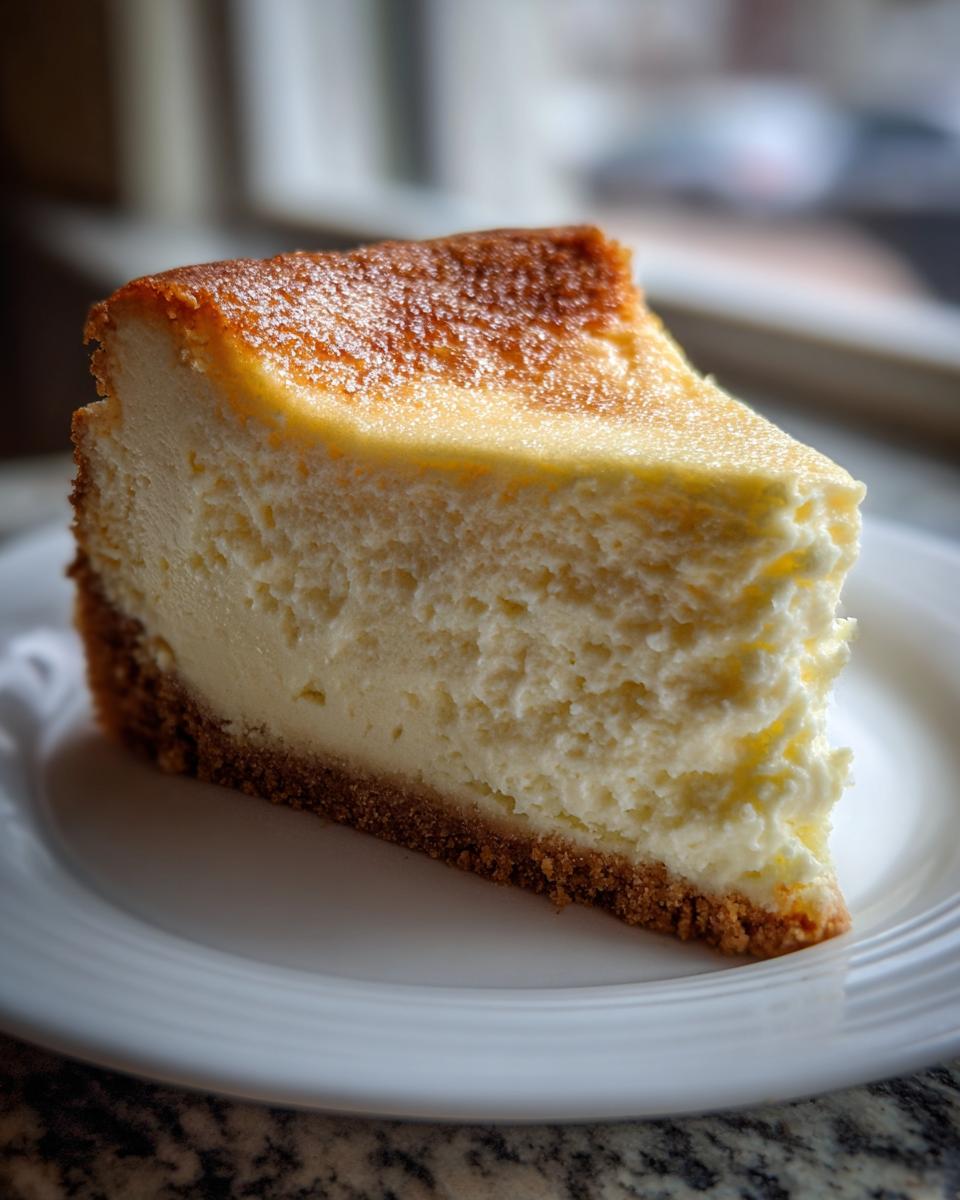 A close-up of a rich, creamy slice of Sara Lee Cheesecake with a golden-brown baked top and graham cracker crust.
