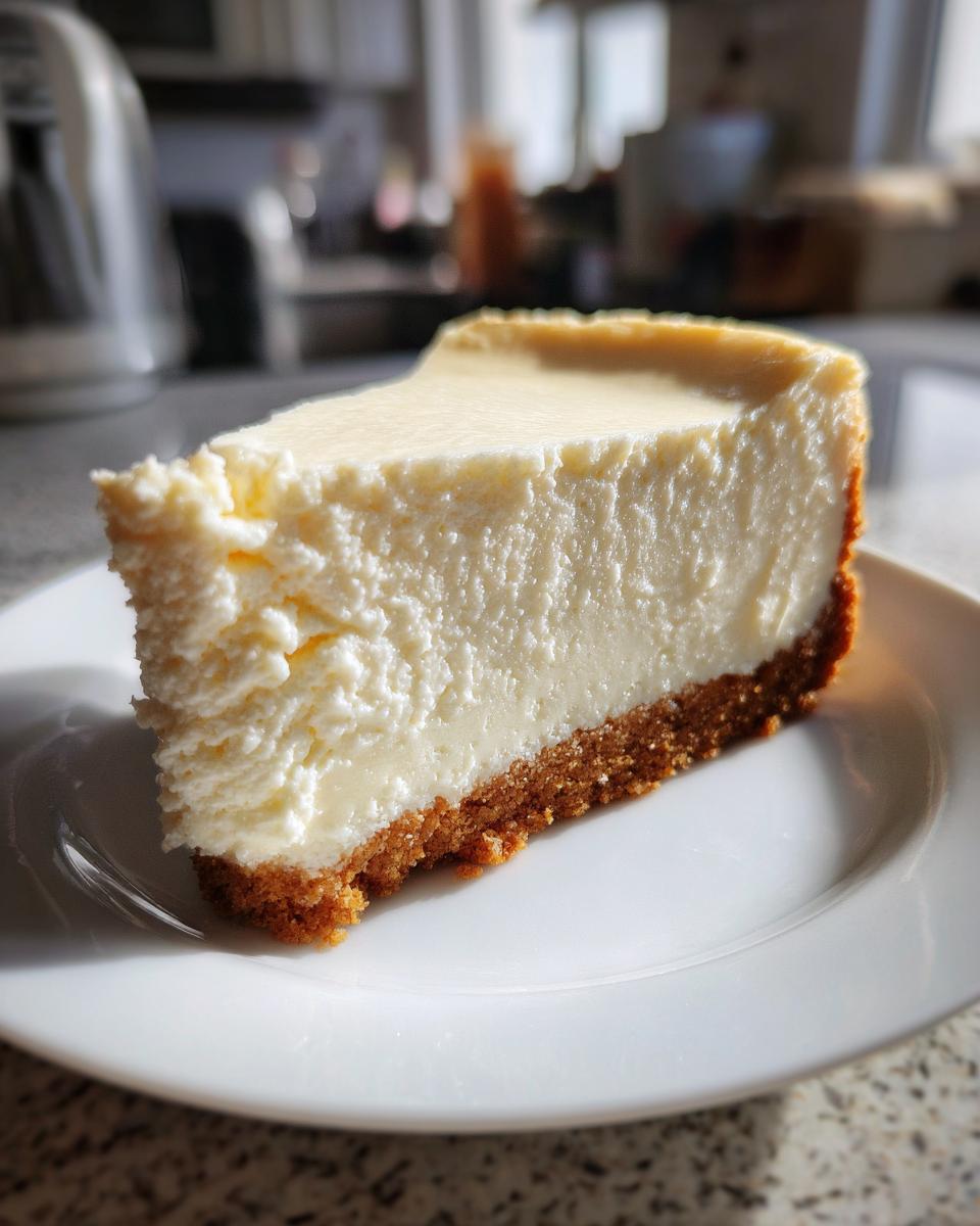 A thick, creamy slice of Sara Lee Cheesecake with a golden graham cracker crust on a white plate.