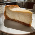 A thick, creamy slice of Sara Lee Cheesecake with a golden graham cracker crust on a white plate.