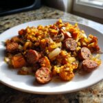 A close-up of pan-fried Sausage And Sweet Potatoes mixed with caramelized onions and herbs on a white plate.