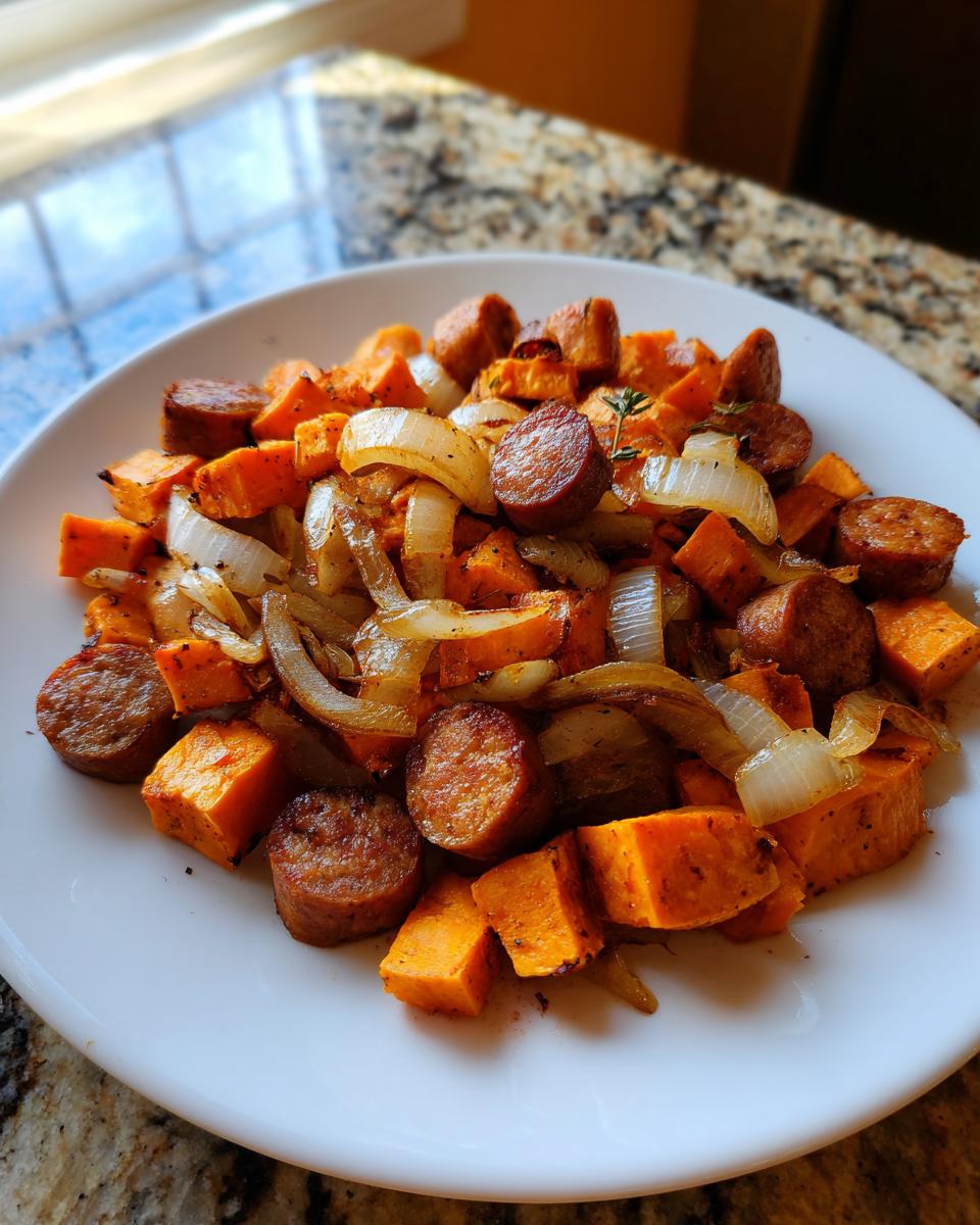 A white plate filled with roasted sausage and sweet potatoes chunks mixed with caramelized onions.