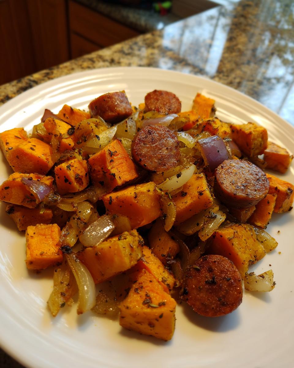 Close-up of cooked Sausage And Sweet Potatoes chunks mixed with caramelized onions on a white plate.