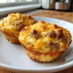 Two freshly baked Sausage Muffins topped with melted cheddar cheese resting on a white plate.