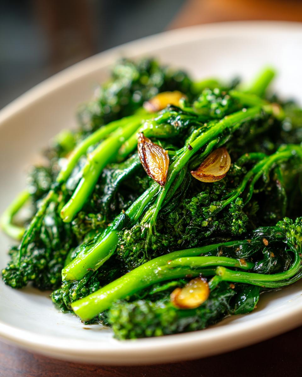 Close-up of bright green saut&eacute;ed Broccoli Rabe topped with slices of browned garlic.
