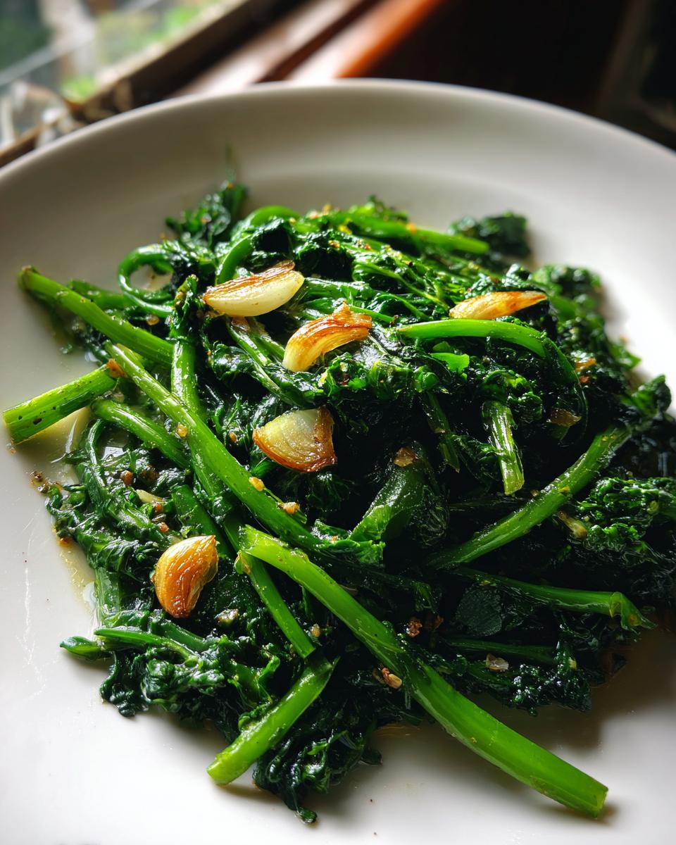 A close-up of bright green, saut&eacute;ed Broccoli Rabe tossed with golden brown slices of garlic on a white plate.