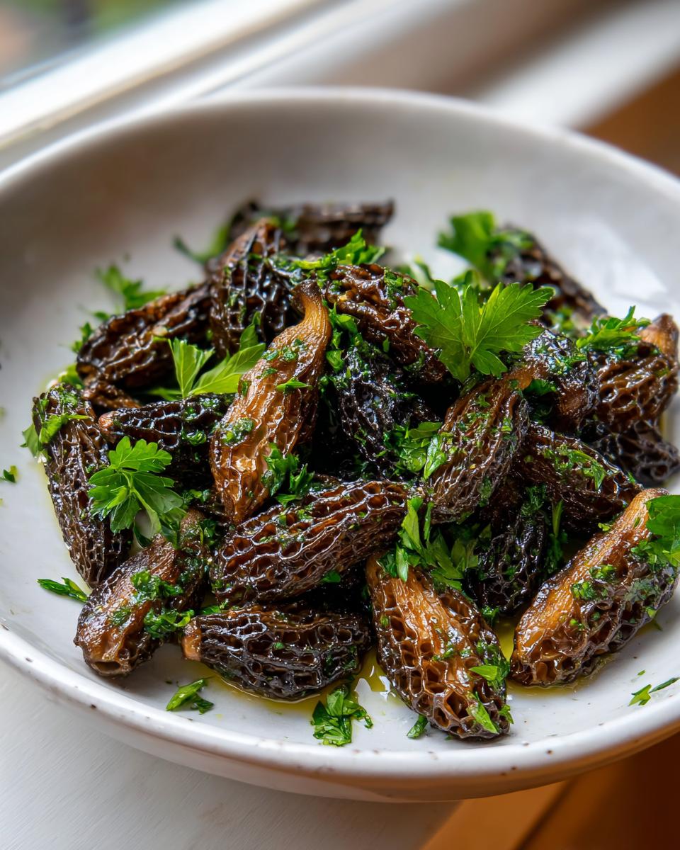 A close-up of saut&eacute;ed Morel Mushroom Recipes, glistening in butter and topped with fresh parsley.