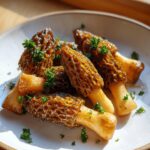 Close-up of saut&eacute;ed Morel Mushrooms, glistening and garnished with fresh parsley, ready to eat.