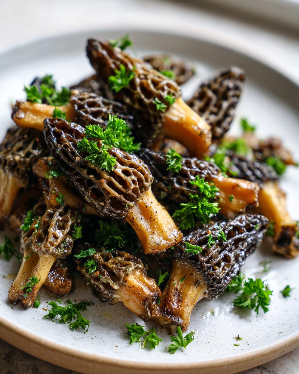 Close-up of saut&eacute;ed morel mushrooms seasoned and garnished with fresh chopped parsley, a great addition to Morel Mushroom Recipes.