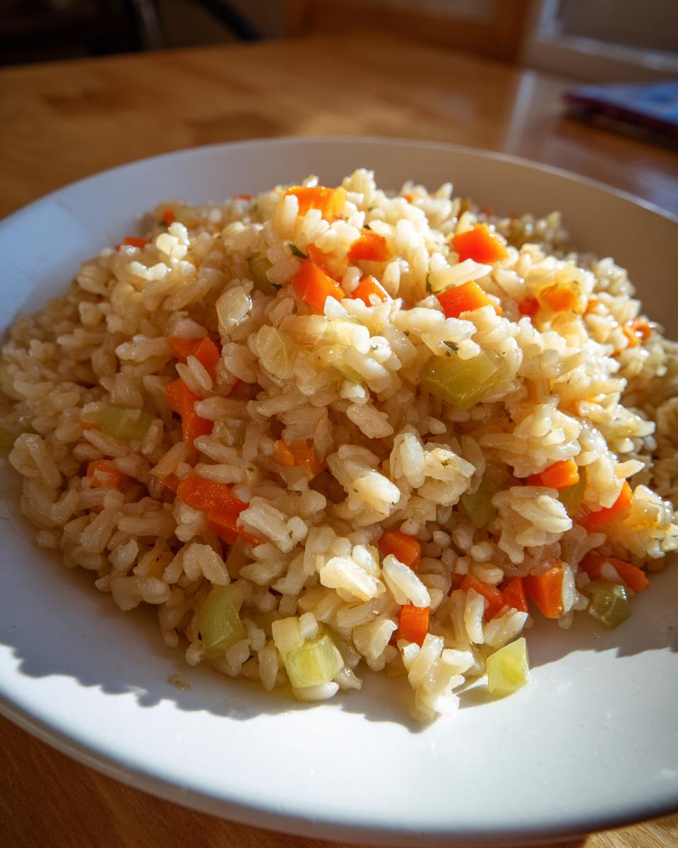 Close-up of a serving of flavorful brown rice recipes mixed with diced carrots and celery.