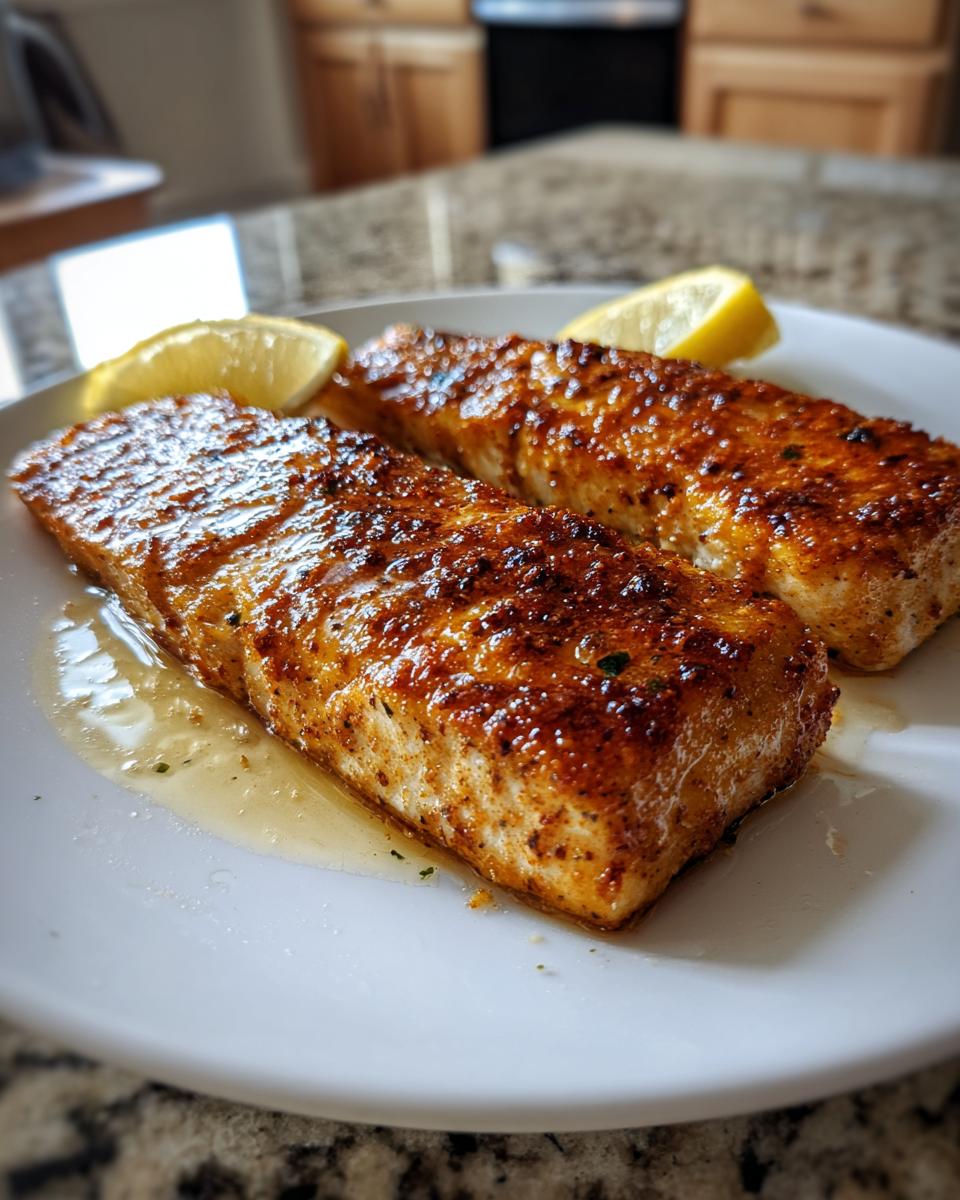 Two beautifully seared Mahi Mahi fillets seasoned with spices, served with lemon wedges on a white plate.
