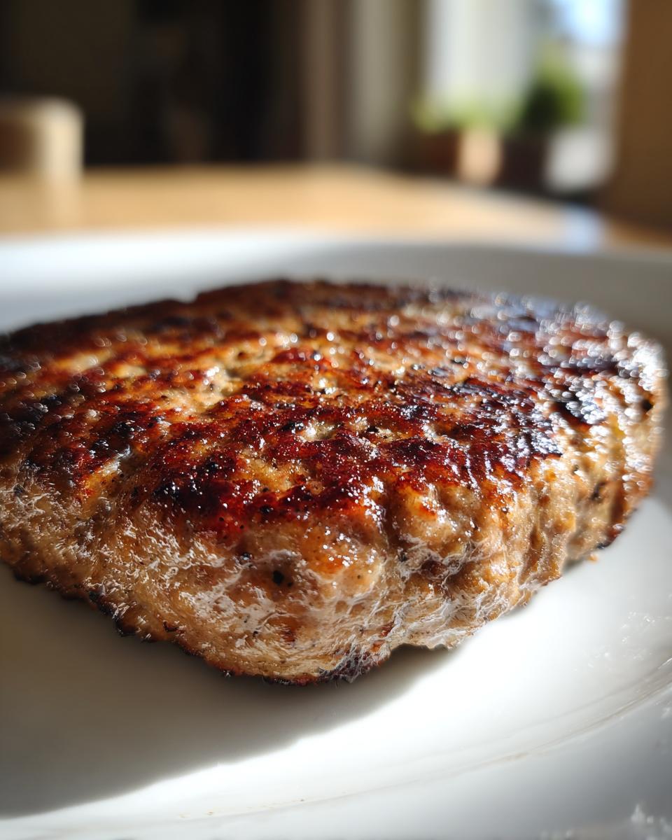 Close-up of a juicy, perfectly seared meat patty, ready for making Crack Burgers.