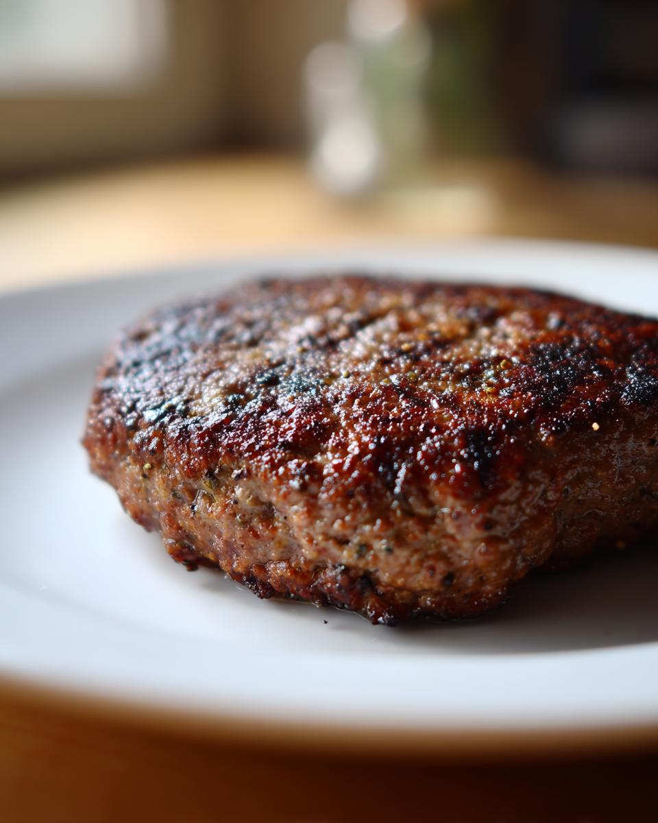 Close-up of a juicy, well-seasoned, and perfectly seared patty ready for making Crack Burgers.