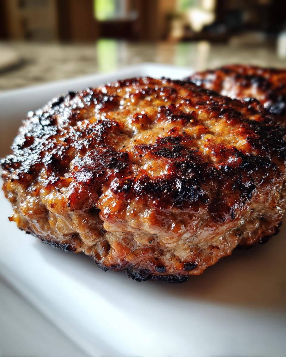 Close-up of a richly browned and caramelized patty, ready for making Crack Burgers.
