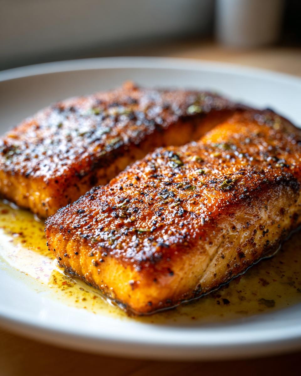 Close-up of two perfectly seared, seasoned fish fillets, likely Mahi Mahi, resting in pan juices.