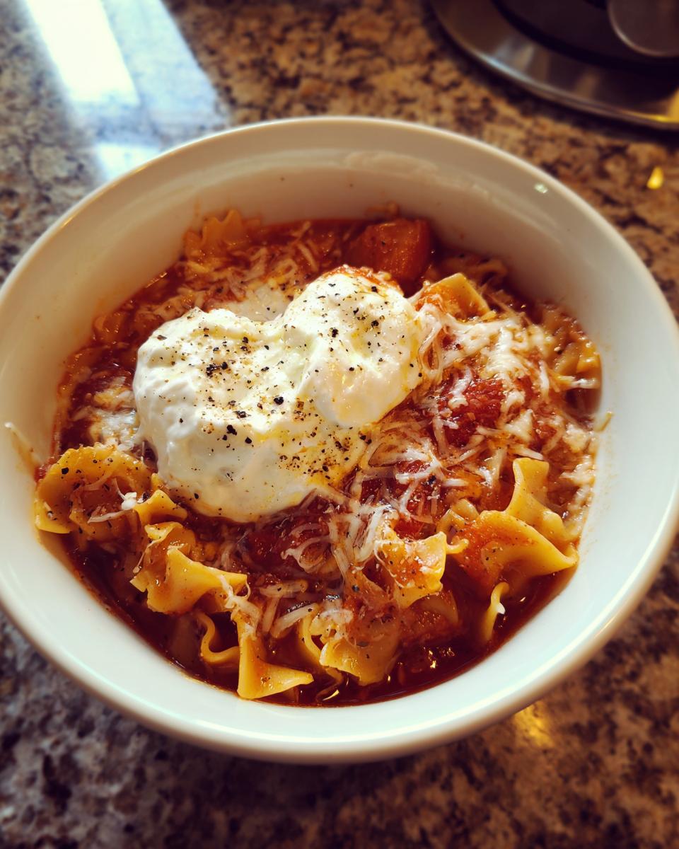 A close-up of a bowl of Lasagna Soup Crockpot topped with a dollop of ricotta cheese and black pepper.