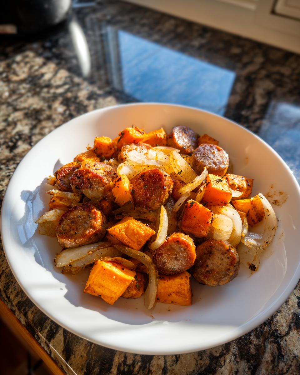 A white bowl filled with browned sausage slices, roasted sweet potatoes, and caramelized onions, representing Sausage And Sweet Potatoes.