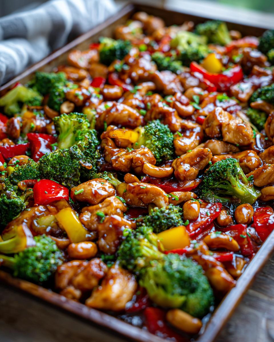 Close-up of vibrant Sheet Pan Cashew Chicken with broccoli and peppers coated in sauce.