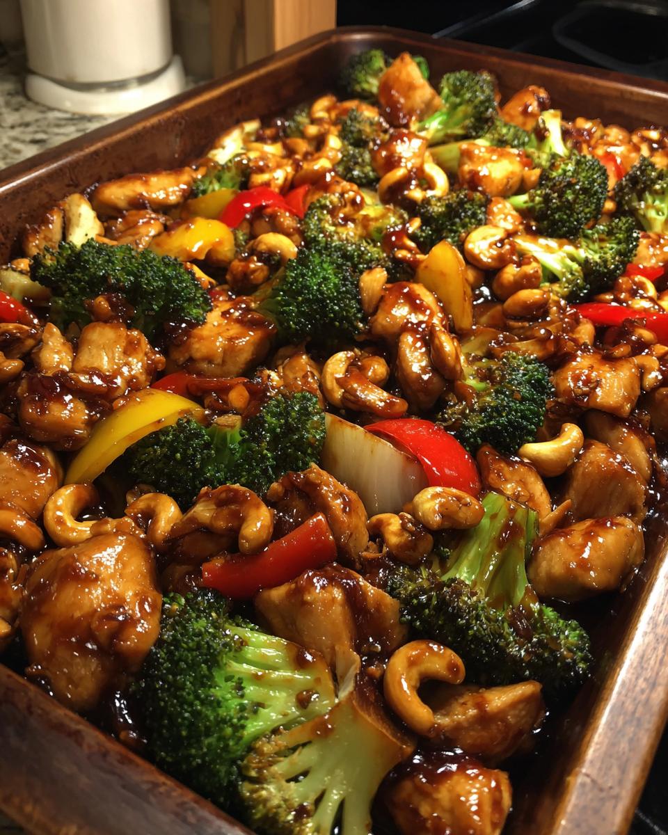 Close-up of Sheet Pan Cashew Chicken with broccoli, peppers, and cashews coated in sauce.