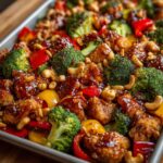 Close-up of Sheet Pan Cashew Chicken coated in glossy sauce with broccoli florets and bell peppers.