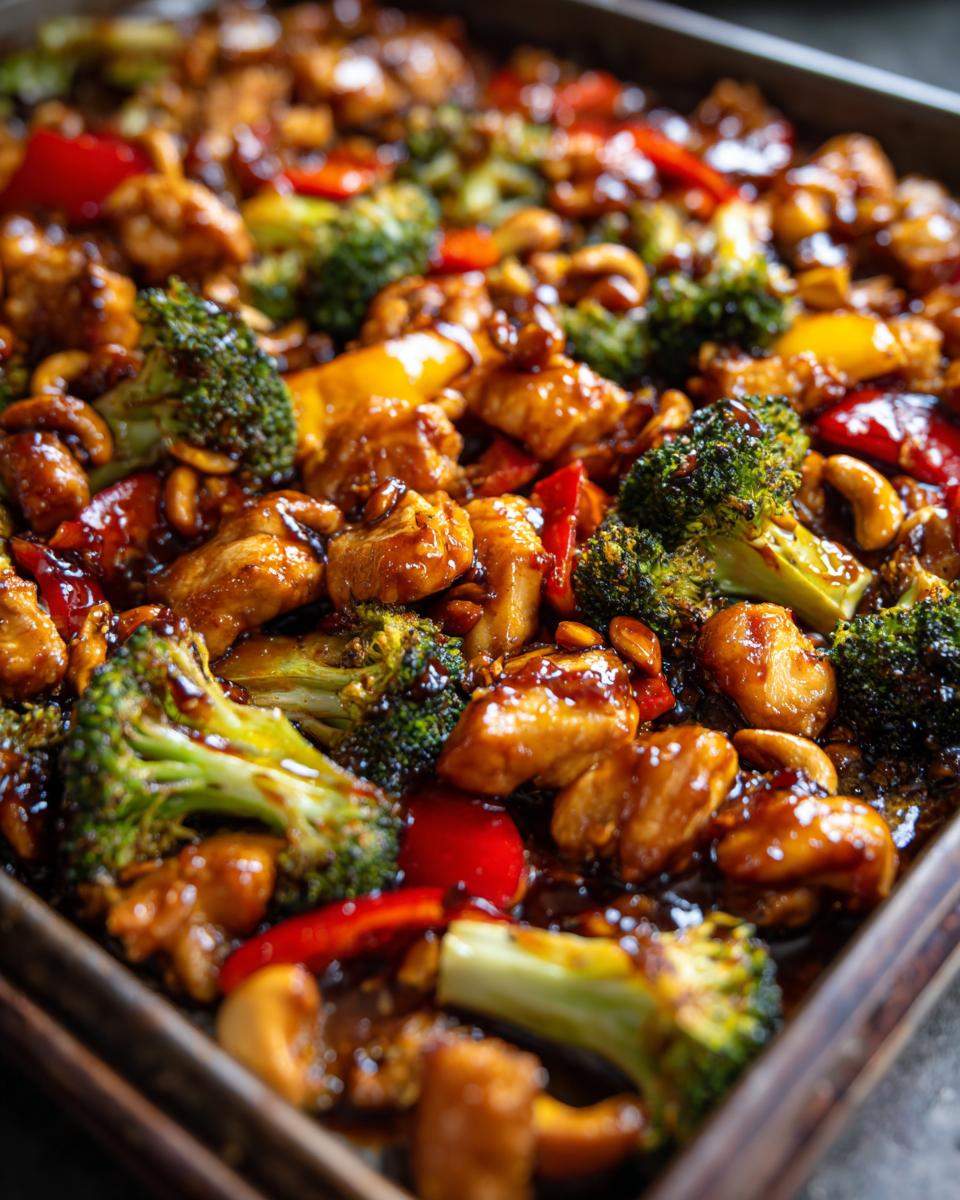 Close-up of Sheet Pan Cashew Chicken coated in savory sauce with broccoli florets and bell peppers.