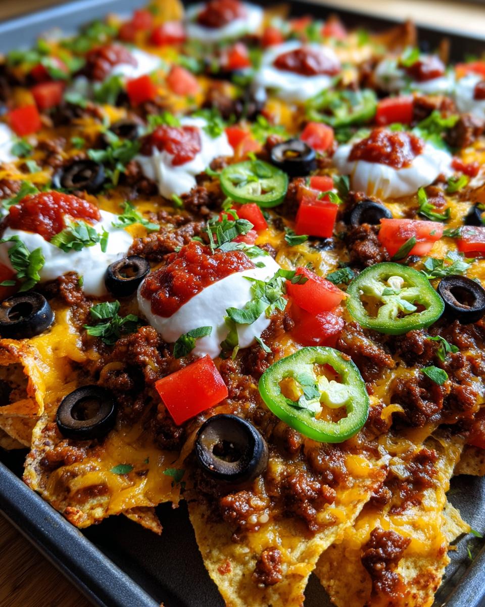 Close-up of fully loaded Sheet Pan Nachos covered in seasoned beef, melted cheese, sour cream, and jalape&ntilde;os.