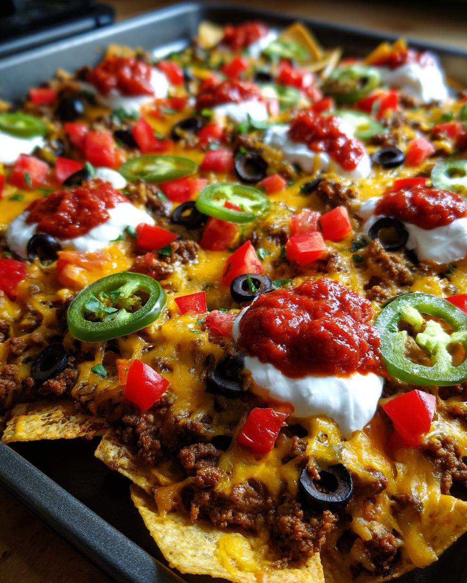 Close-up of fully loaded Sheet Pan Nachos covered in melted cheese, ground beef, sour cream, salsa, and jalape&ntilde;os.