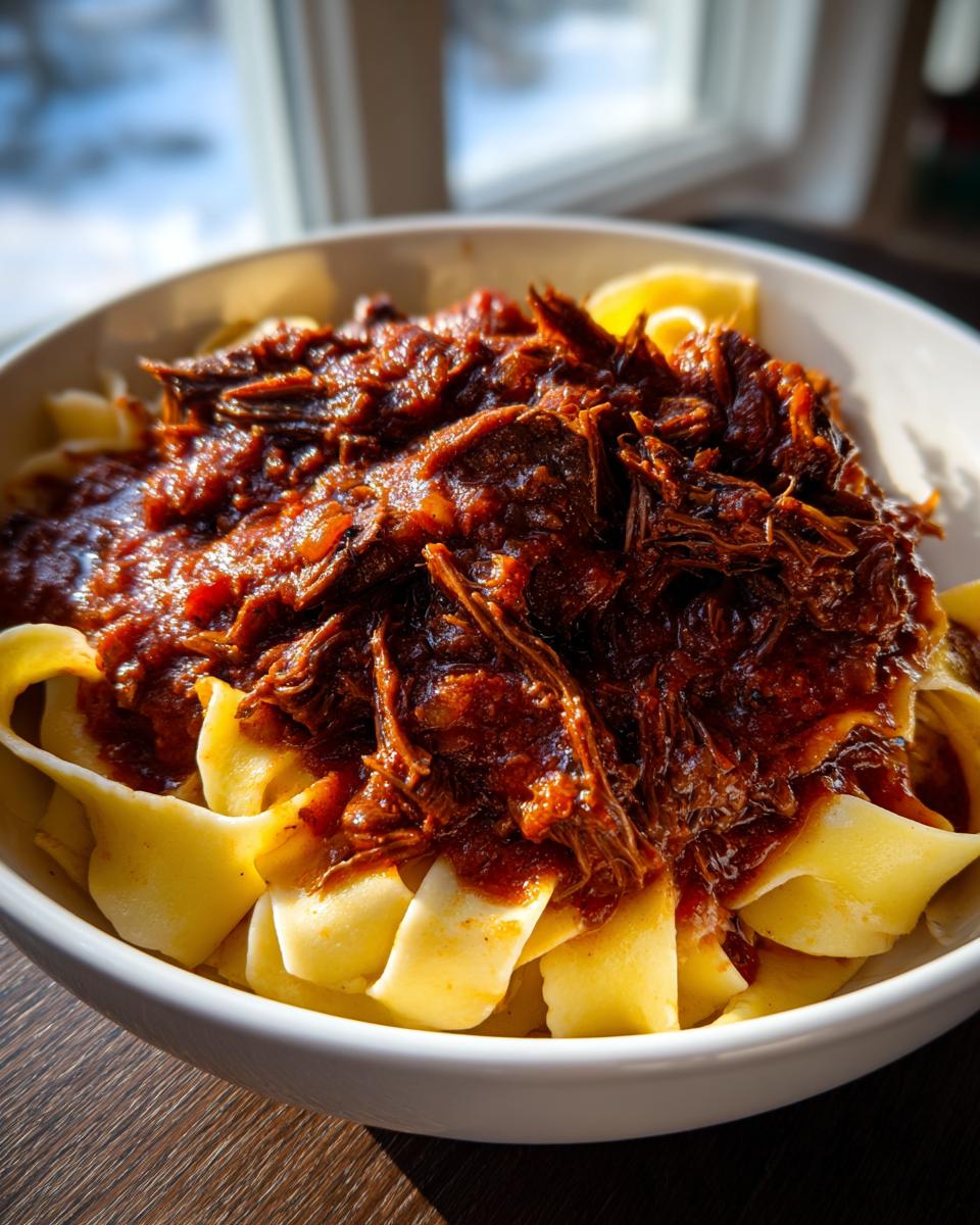 A close-up of a white bowl filled with wide egg noodles topped generously with dark, rich Short Rib Ragu.