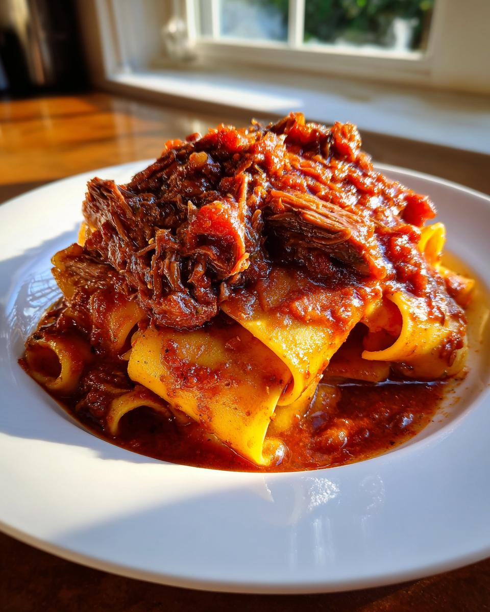 A generous serving of rich, shredded Short Rib Ragu piled high on wide, yellow pasta noodles on a white plate.