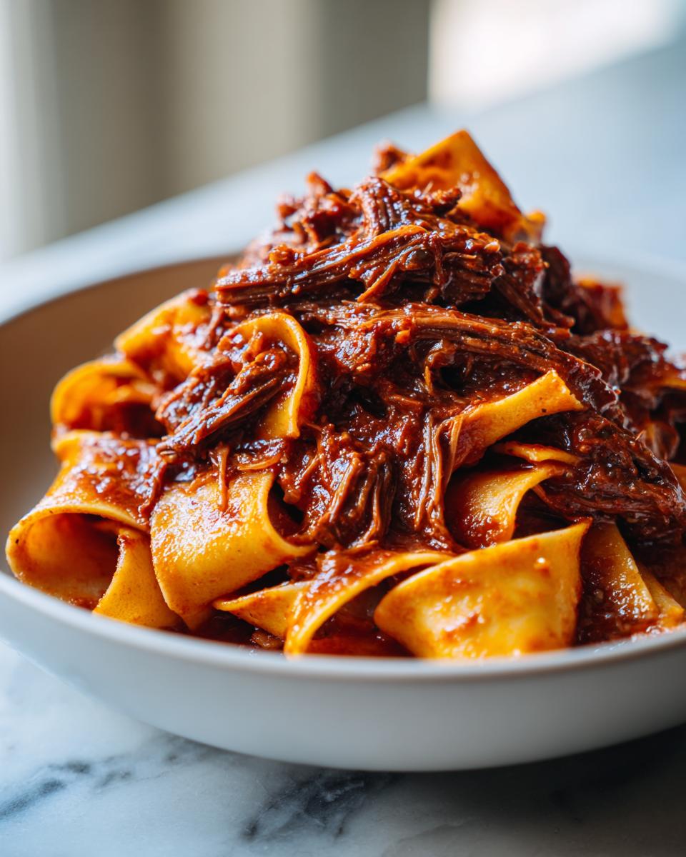 A close-up of thick pappardelle pasta generously topped with rich, shredded Short Rib Ragu in a white bowl.