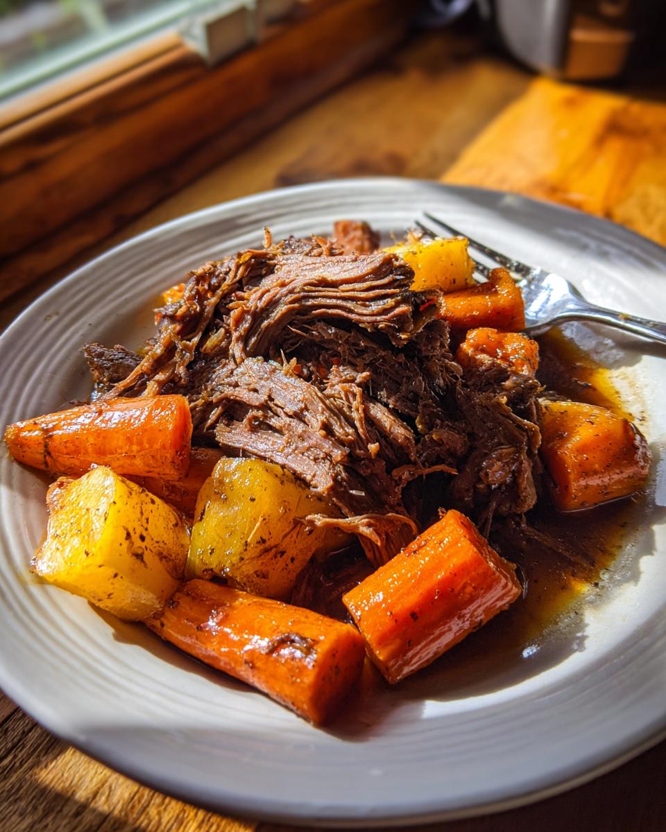 A plate of tender, shredded Crockpot Pot Roast served with chunks of glazed carrots and potatoes.