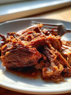 Close-up of tender, shredded Mississippi Pot Roast served on a white plate with a fork resting nearby.