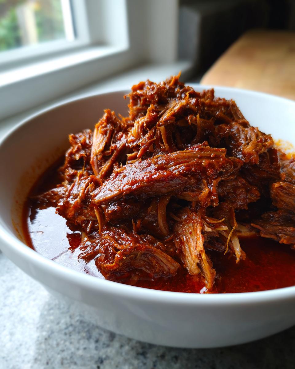 Close-up of rich, shredded meat soaking in deep red broth, representing Traditional Mexican Birria, in a white bowl.