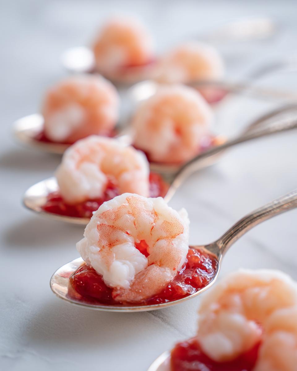 Close-up of a single shrimp cocktail bite served on a silver spoon with red sauce, perfect for wedding appetizers.