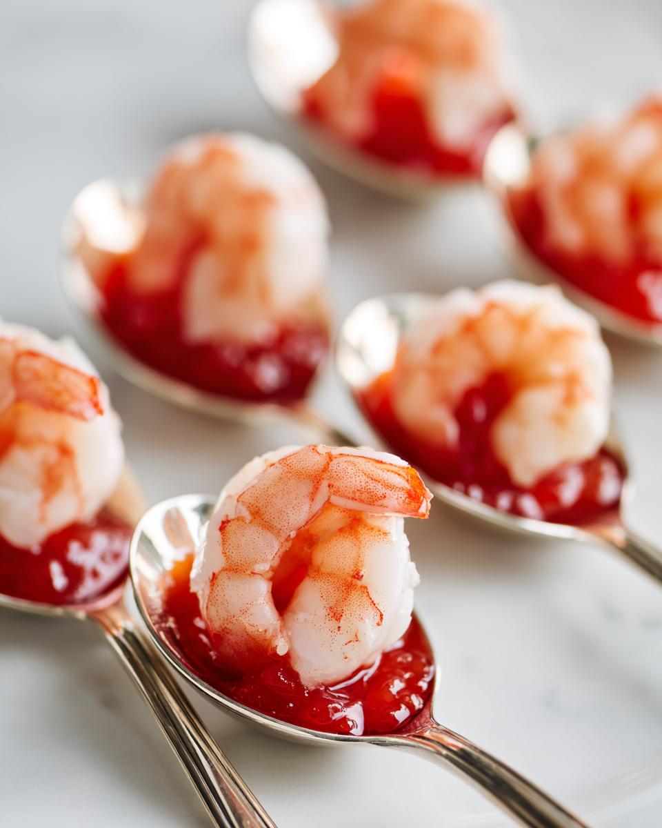 Close-up of elegant shrimp cocktail served on silver spoons as easy wedding appetizers with red cocktail sauce.