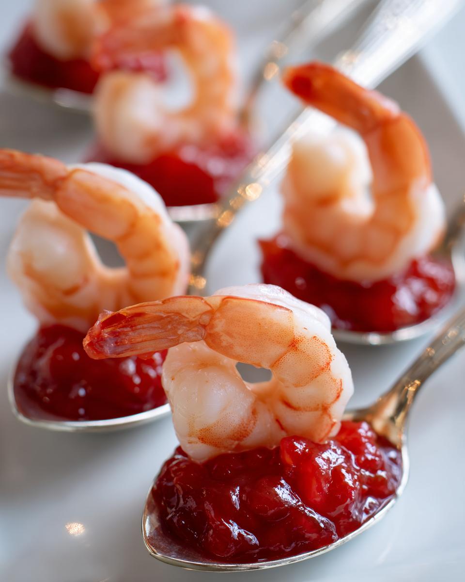 Close-up of elegant shrimp cocktail served on spoons with red sauce, perfect for wedding appetizers.