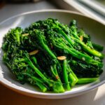 A close-up of bright green, saut&eacute;ed broccoli rabe with visible slices of toasted garlic in a white bowl.