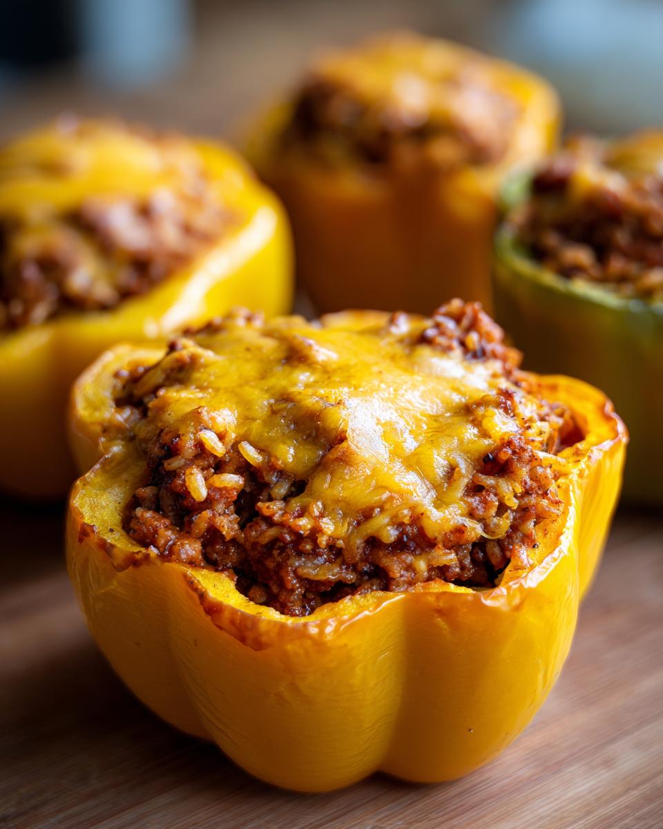 A close-up of a baked yellow bell pepper filled with chili and rice, topped with melted cheddar cheese, part of a batch of Simple Chili Stuffed Bell Peppers.