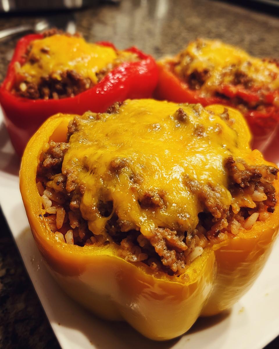 Close-up of a yellow Simple Chili Stuffed Bell Pepper topped with melted cheddar cheese, with red peppers blurred in the background.