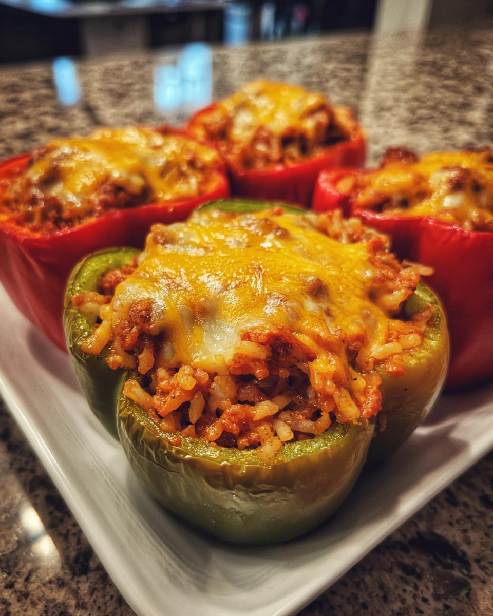 Four baked Simple Chili Stuffed Bell Peppers, one green and three red, topped with melted cheddar cheese.