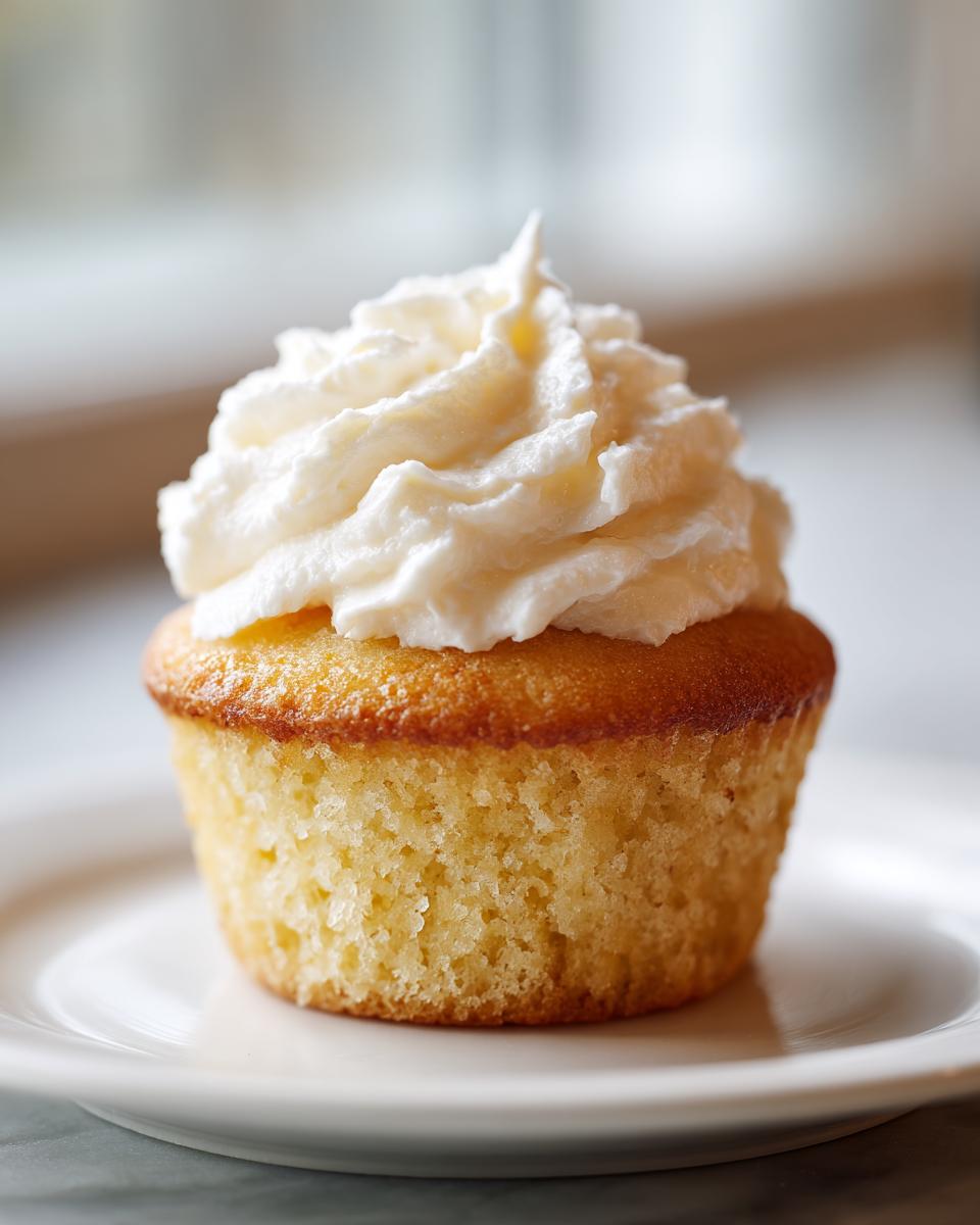 Close-up of a single, moist vanilla Sugar Free Cupcakes topped with a swirl of white frosting on a white plate.