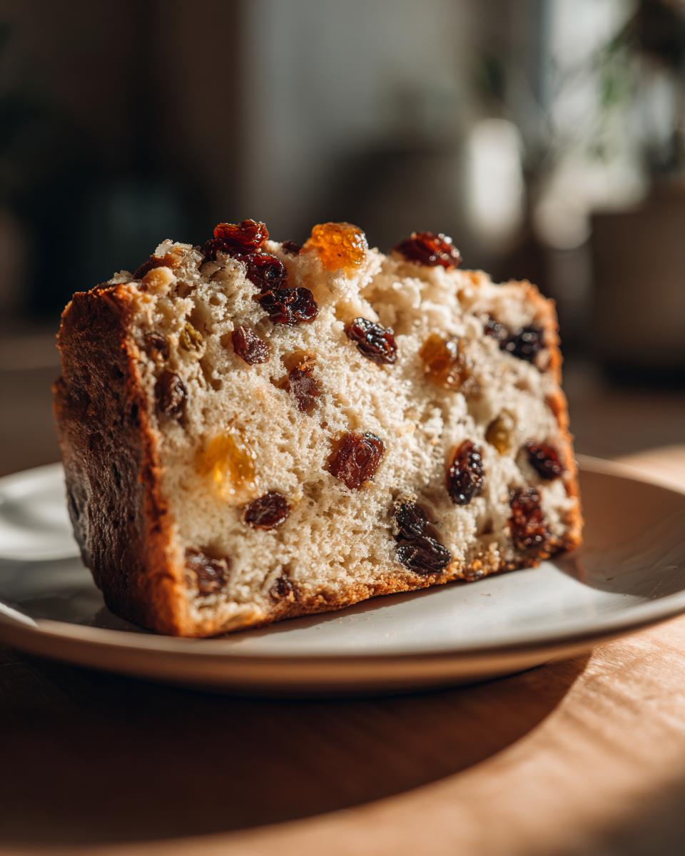 Close-up of a thick slice of homemade fruit bread recipes, packed with raisins, sitting on a small plate.