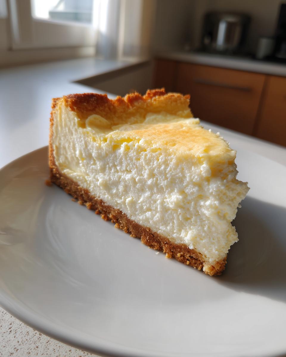 A close-up shot of a thick slice of creamy Sara Lee Cheesecake with a graham cracker crust on a white plate.