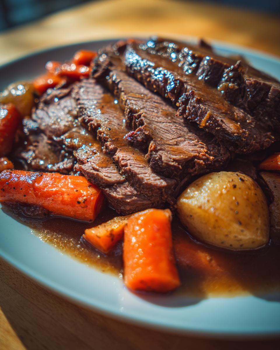 Close-up of tender, sliced Crockpot Roast covered in rich gravy alongside carrots and potatoes.