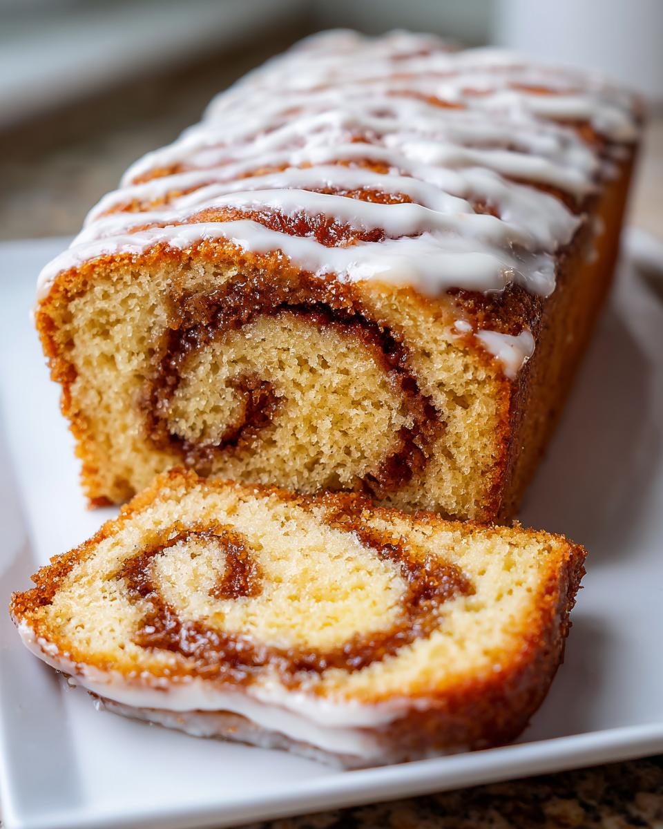 Close-up of a sliced Honey Bun Cake showing the cinnamon swirl interior and white icing drizzle.