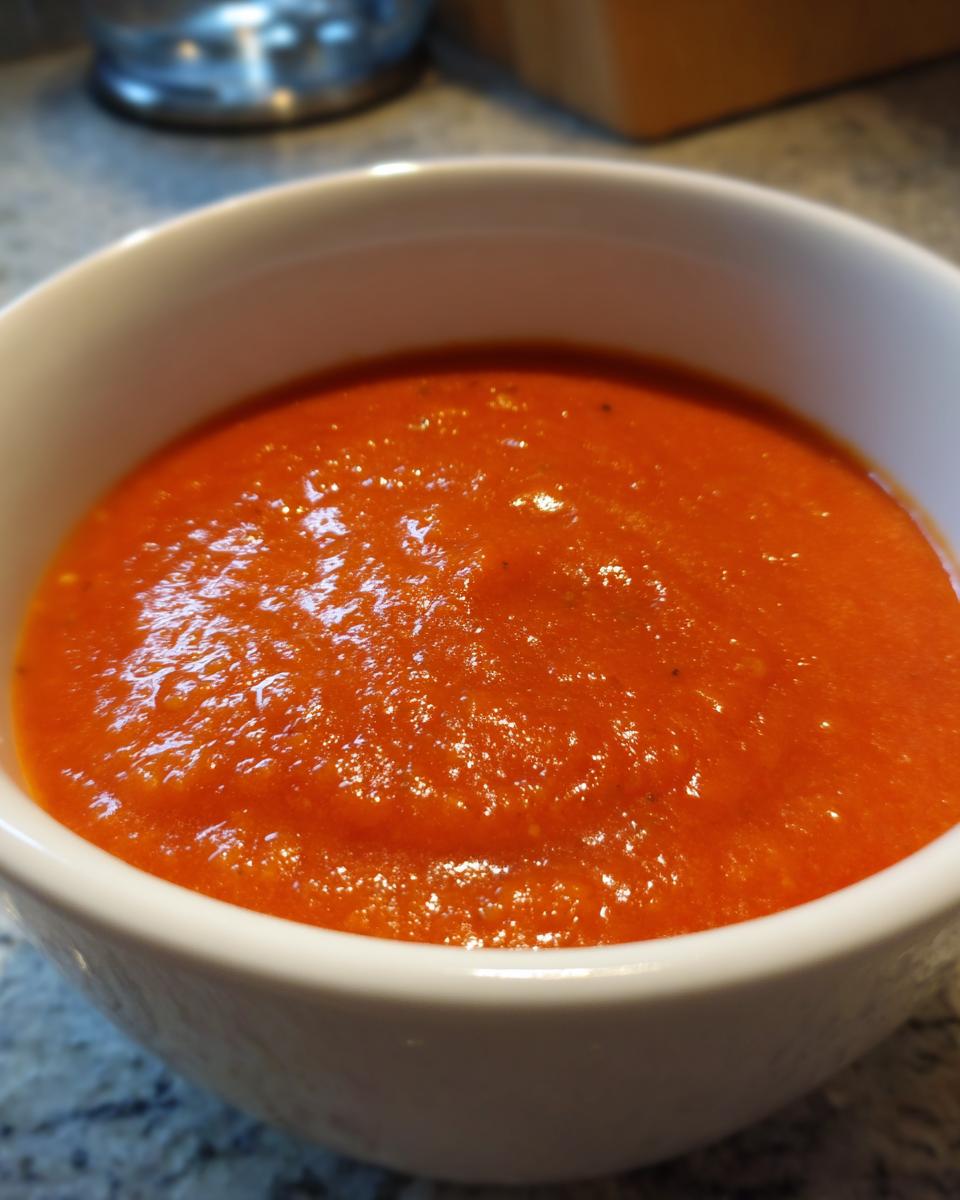 Close-up of smooth, bright orange-red tomato sauce in a white bowl, perfect for Immersion Blender Recipes.