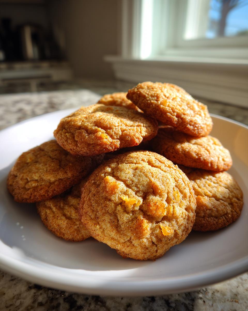 A close-up stack of soft, cinnamon-dusted Apple Cookies piled high on a white plate, catching warm sunlight.