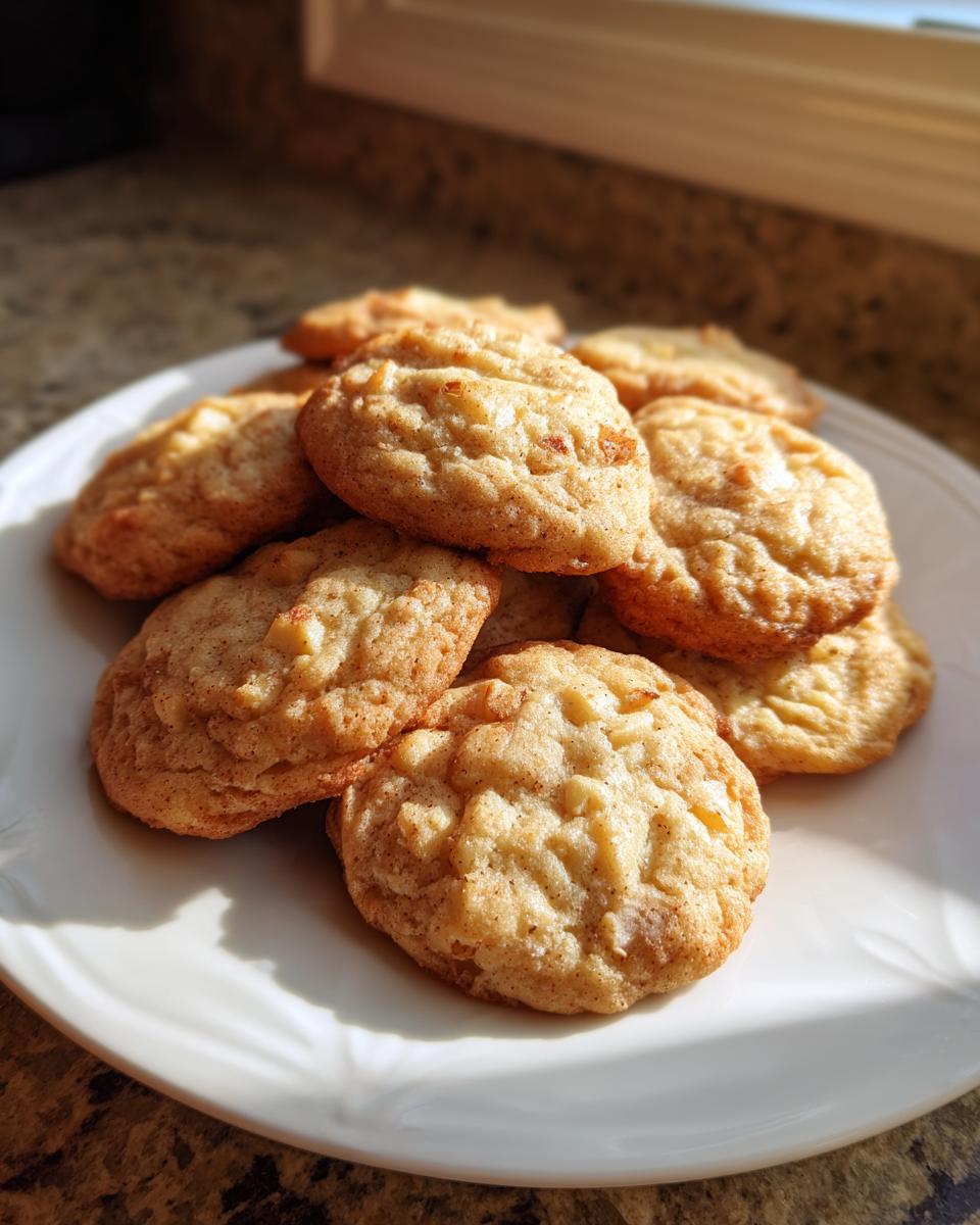 A warm pile of soft Apple Cookies dusted with cinnamon on a white plate, backlit by sunlight.