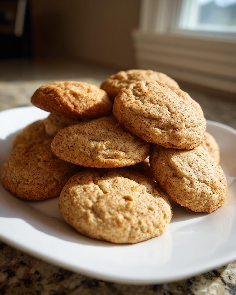 A pile of soft, golden brown Apple Cookies dusted with cinnamon sitting on a white plate near a window.