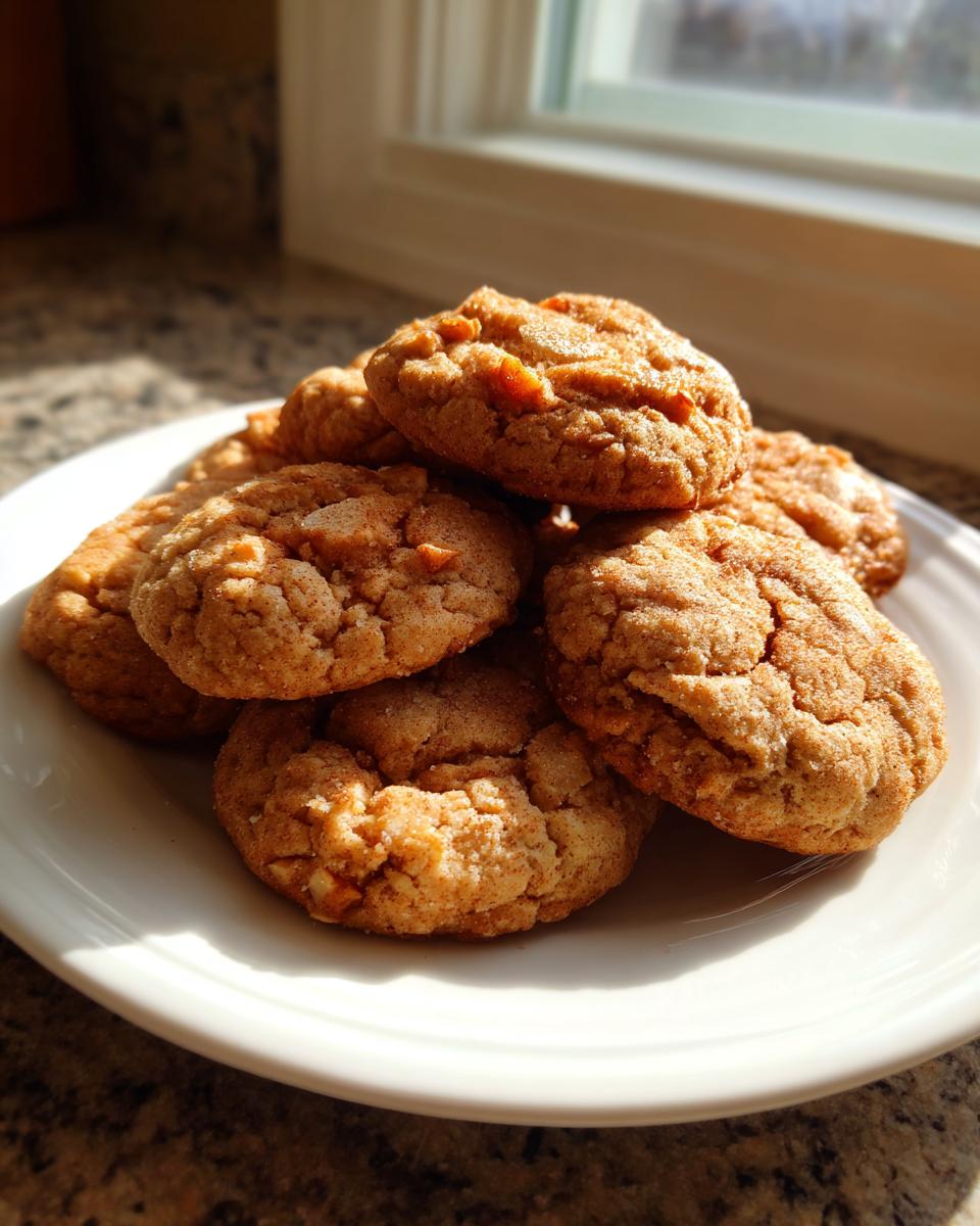A close-up stack of soft, crinkled Apple Cookies dusted with cinnamon sugar on a white plate near a sunlit window.