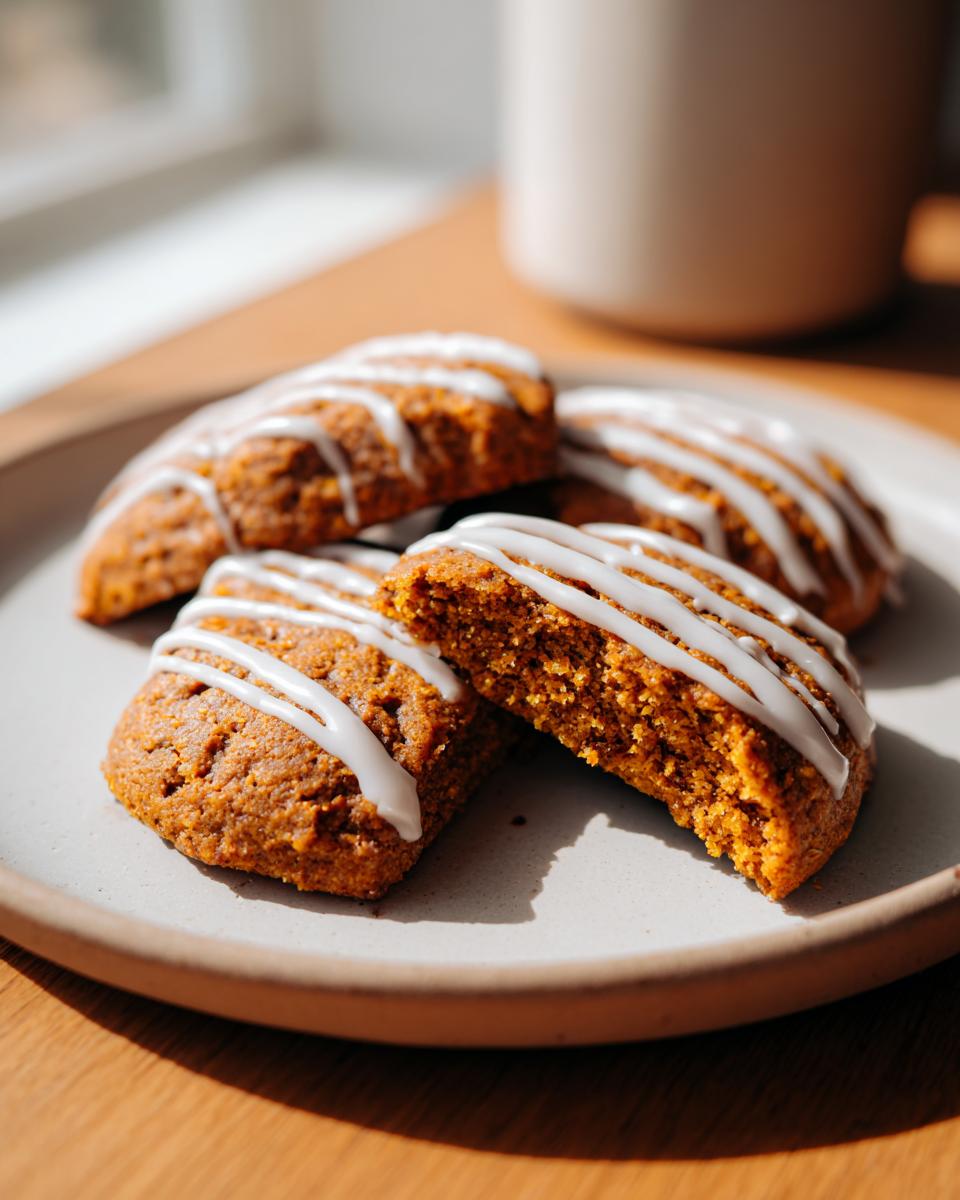 Close-up of soft Pumpkin Cookies drizzled with white icing, one cookie is broken open showing the texture.